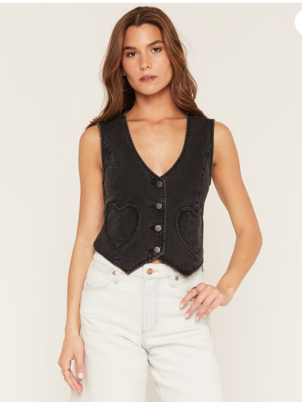Ashley Women's Black Denim Fitted Vest with Heart Pockets